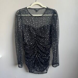 Express Top Women's Large Black Silver Stars Mesh Fitted Celestial Festival